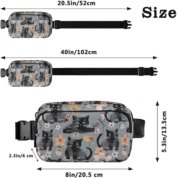 Kawaii Black Kittens Flowers Fanny Pack for Women Men Water Resistant Fashion Waist Packs with Adjustable Strap Belt Bag for Travel Workout Jogging Hiking 21219385
