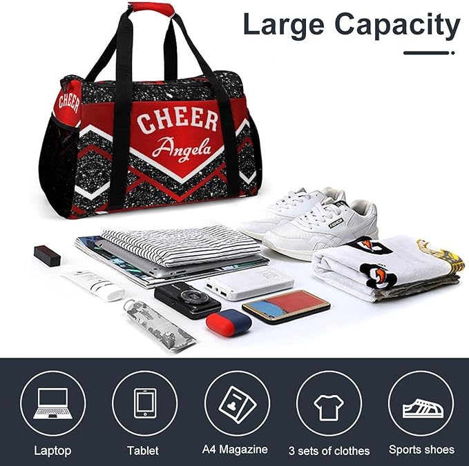 Personalized Name Sports Player Duffel Bags Red Cheer Maroom Cheerleading Black Travel Perform Training Waterproof Casual Bag Weekender Overnight Bag
