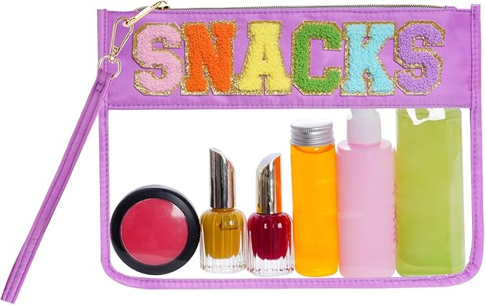 Chenille Letter Bag, Multi-purpose Nylon Clear Makeup Cosmetic Bags Flat Pouches with Zipper for Travel, Gym, Beach (Purple-Snacks)