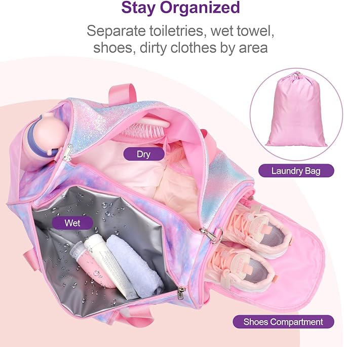 Bagseri Dance Bag for Girls - Kids Duffle with Shoe Compartment, Gymnastics Tote for Sleepover Travel with Water Resistant Wet Pocket (Tie-dye,Pink)