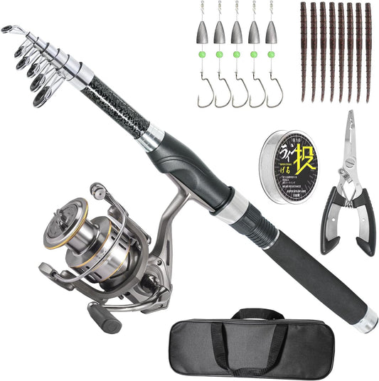 Fishing Rod, Telescopic Fishing Rod and Reel Combo, Collapsible Travel Fishing Pole Rod Starter Kit, Carbon Fiber Fishing Rods and 12 +1 Bearings Stainless Steel, Fishing Gifts for Men Adults