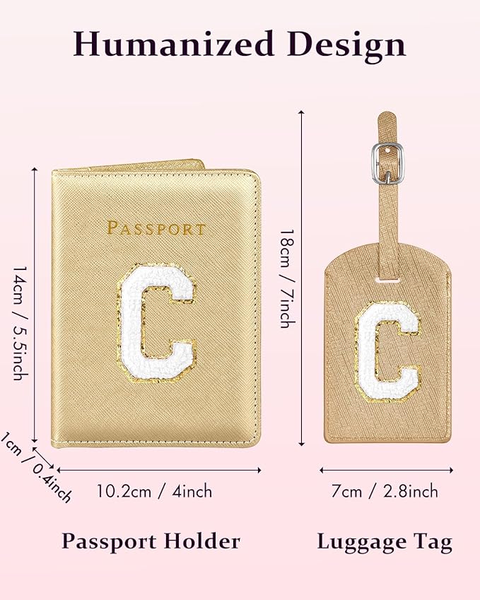 Slohif Passport Holder Initial Lugguage Tag Set Suitcase Cover Wallet Case for Travel Women - Leather Letter Passport Book Personalized Organizer Card Protector Sleeve Essentials Slim Carrier Gold C
