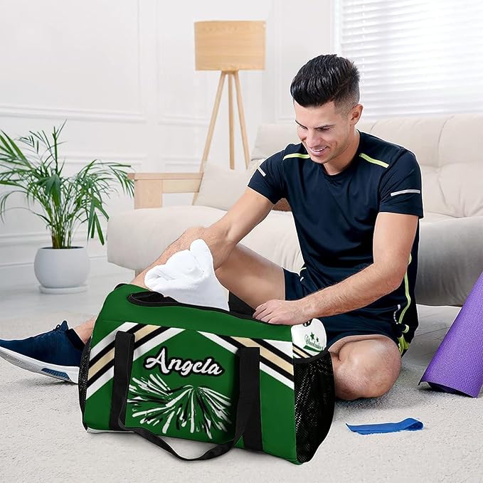 Duffle Bag, Personalized Name Green Cheer Cheerleaders Stripes Pom Travel Bag, Lightweight Gym Training Sports Bags Custom Unisex Gifts for Men Women