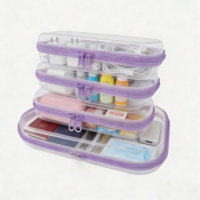 4Pcs/3S+1M Clear Hard Shell Zippered Travel Case – Plastic Organizer Pouch for Toiletries, Cosmetic Bag, Diaper Bag & Packing Accessories (Purple, Set B)