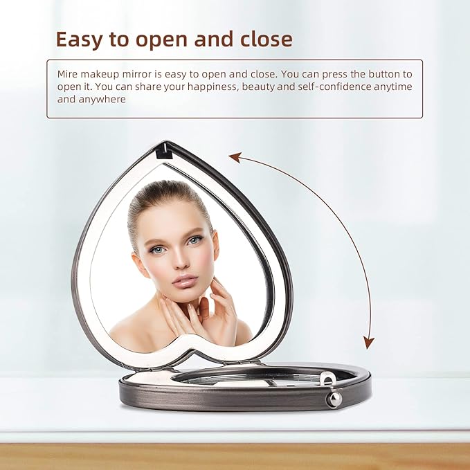 Mini Vintage Heart Elegant Metall Makeup Mirror, Portable 1X/2X Magnifier (Silver)