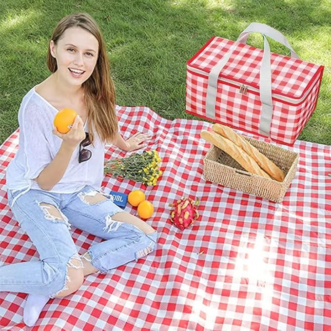 Insulated Picnic Bag Cooler Reusable, Beach Bag Cooler Bags with Zippered Top - Insulated Bag for Hot or Cold,Picnic Basket Collapsible, Picnic,Beach, Outdoor (13.8x7.9x7.9 in)