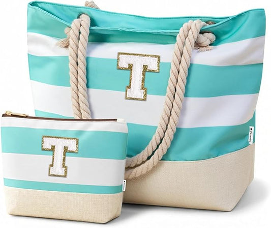 Vavabox Initial Beach Tote Bag for Women, Water-resistant Foldable Travel Beach Bag Set, Birthday Gifts for Women Mom