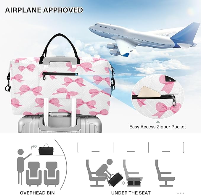 Pink Bow White Background Pattern Travel Duffle Bag Gym Yoga Carry on Bags for Men Women Weekender Bag