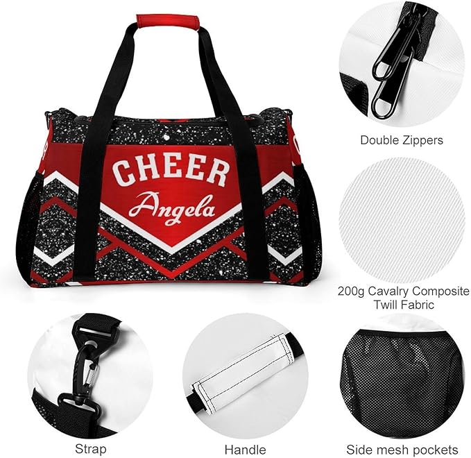 Personalized Name Sports Player Duffel Bags Red Cheer Maroom Cheerleading Black Travel Perform Training Waterproof Casual Bag Weekender Overnight Bag