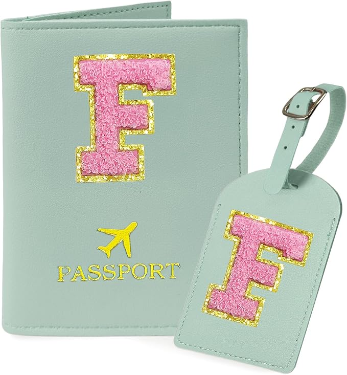 COSHAYSOO Initial Passport Cover Luggage Tag Set Letter Passport Holder for Woman College Teen Girls Airplane Cruise Travel Essentials Vacation Teal F