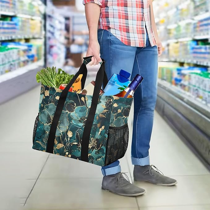 Bolaz Travel Tote Bag，Gym Bag for Men,Waterproof Beach Bag for Women Foldable Reusable-Watercolor Flower Green Gold Pattern