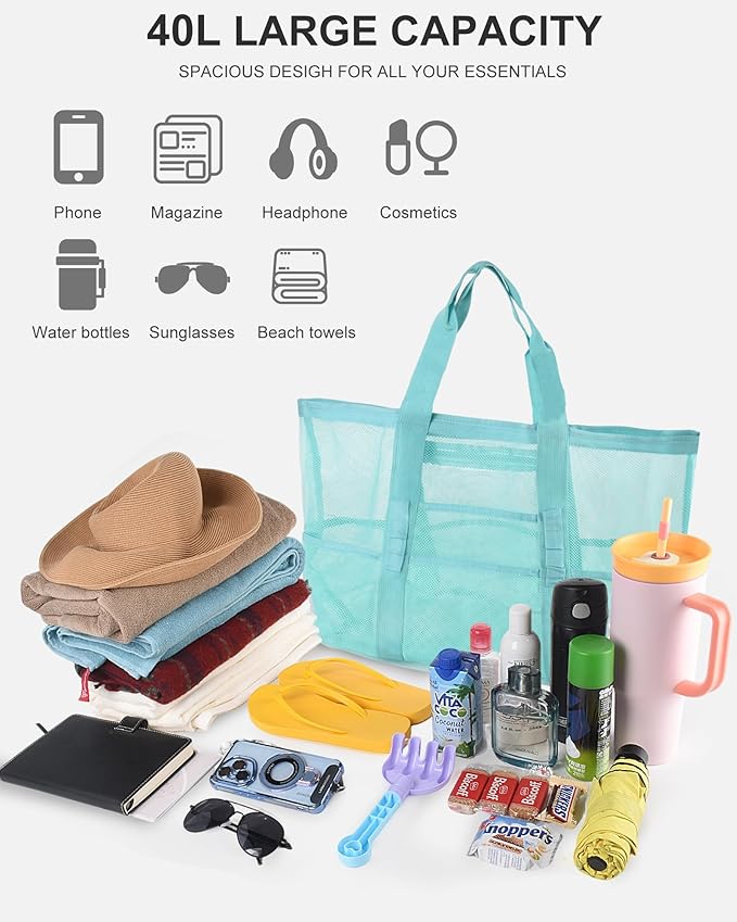 Genteen 40L Mesh Beach Bag, Foldable Sandproof Tote with Waterproof Pocket Quick Dry for Women Family Pool Vacation（White
