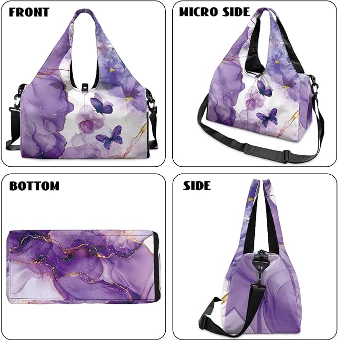 Purple Butterfly Marble Gym Bag for Women with Shoe Compartment Mini Duffel Bag Personal Item Bags for Travel Sports Swim Weekender Overnight Bags Easy to Carry