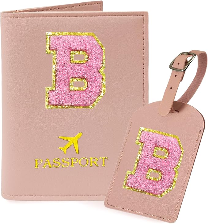 COSHAYSOO Initial Passport Cover Luggage Tag Set Letter Passport Holder Airplane Cruise Travel Essentials Vacation Traveling Accessories Personalized Gifts for Women Teen College Girls Pink B
