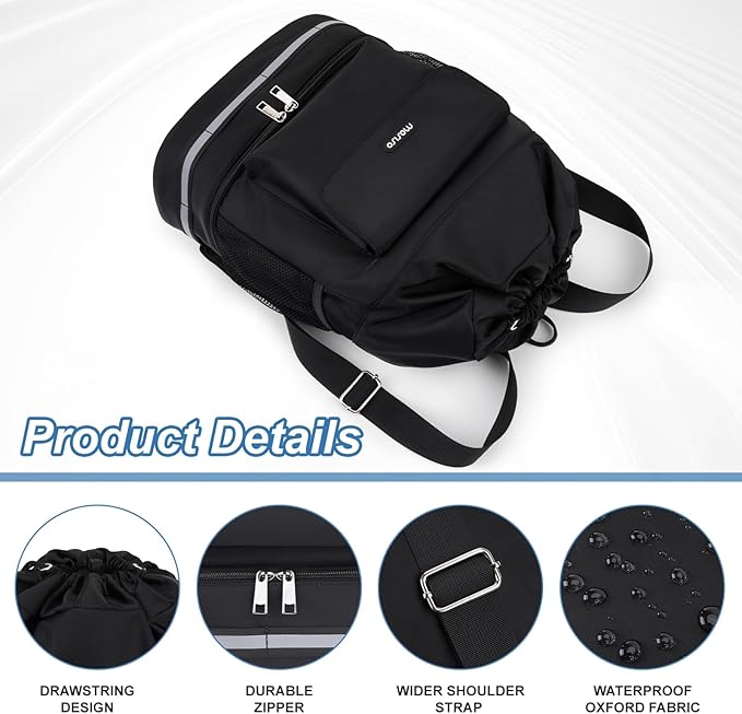 MOSISO Gym Bag for Women Men, Sports Drawstring Backpack with Shoes Compartmentt&Front Pocket, Travel Duffle Fitness Bag for Travel, Sports, Yoga, Black