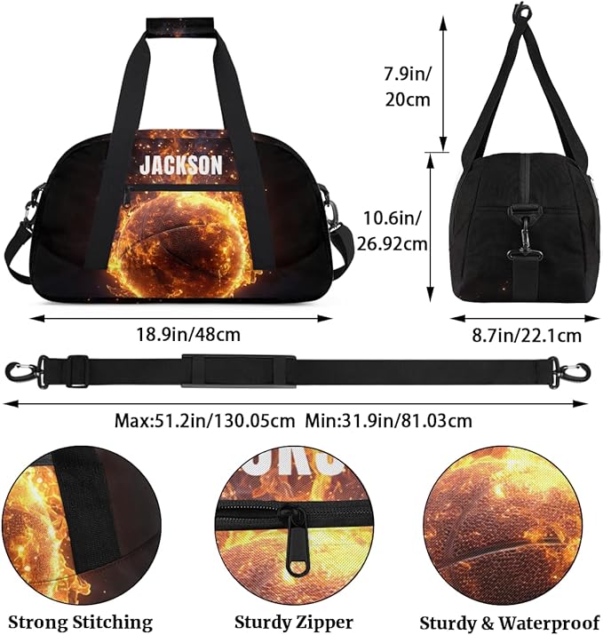 Custom Flame Basketball Gym Duffel for Kids Boys,Personalized Duffel Bag Overnight Bags for Travel Weekender Practice