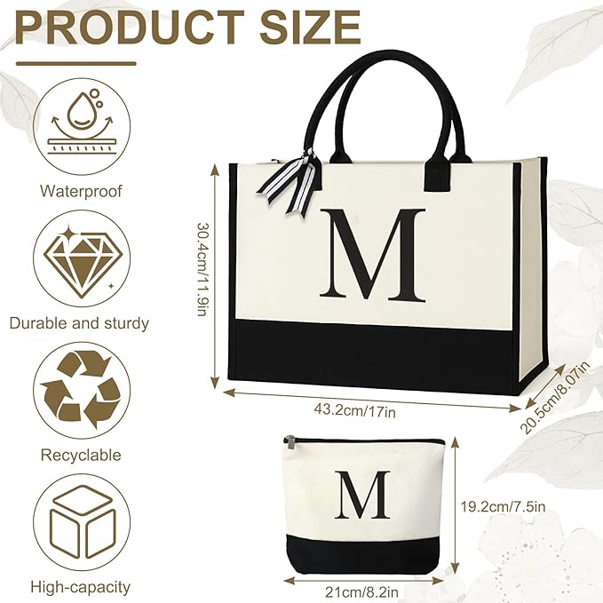 Personalized Canvas Tote Bag for Women Makeup Pouch Initial Beach Bag Removable Bottom Board for Travel Birthday