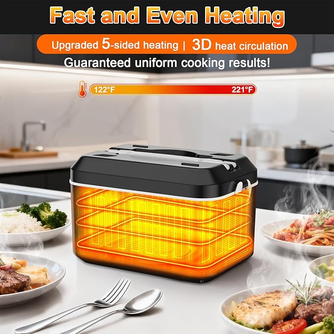 Heated Lunch Box,Electric Lunch Box,Pro 24000mah,Lunch Box Battery Powered, 5.5 Cups Portable Food Heater-3D-5 Side Heating-Intelligent Temperature Control,Suitable For Trucks,Offices(Black/White)