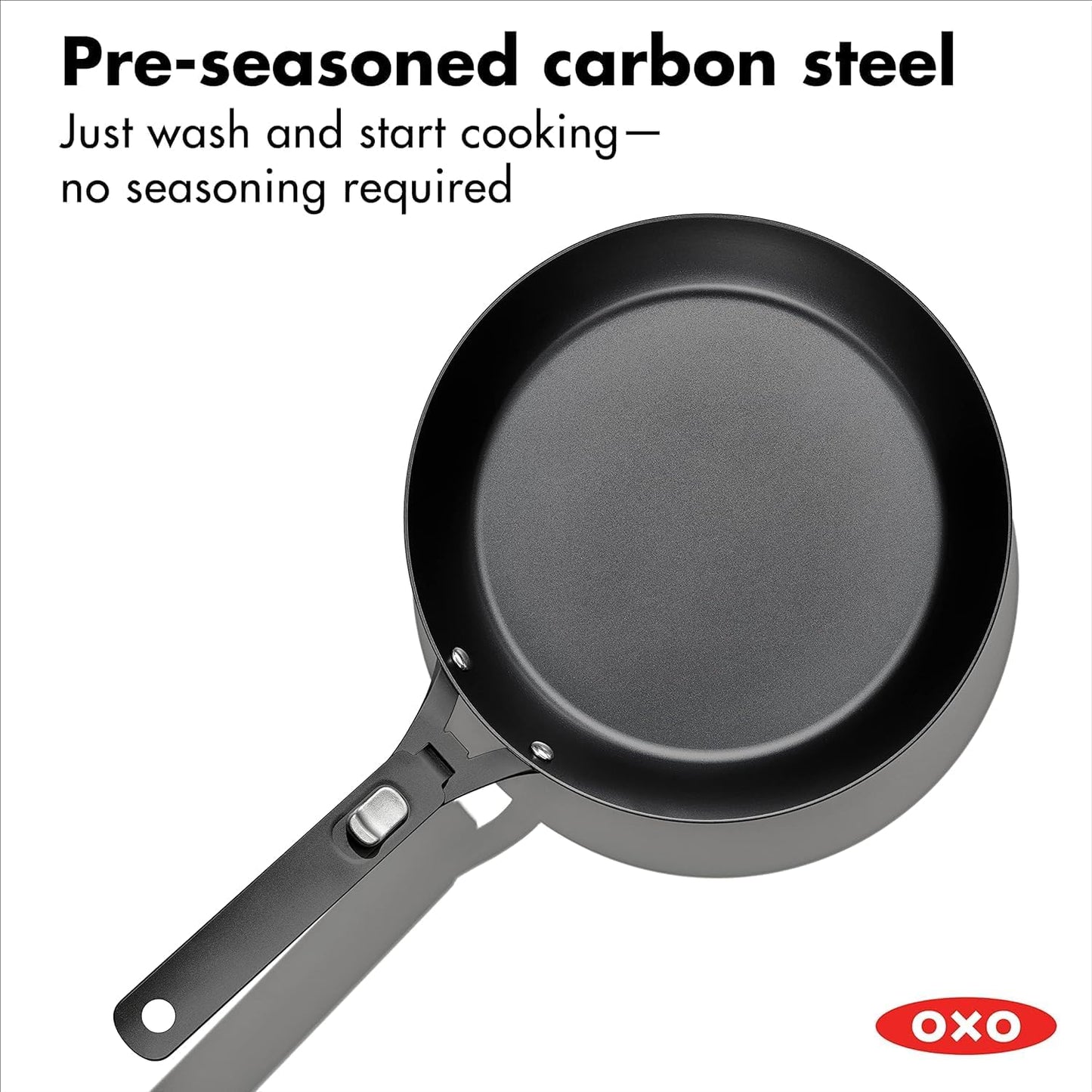 OXO Outdoor Pre-Seasoned Carbon Steel 10" Frying Pan Skillet, Detachable Handle for Easy Storage, Indoor Use, Nonstick with Use, Induction Suitable,Oven & Broiler Safe,Browning, Grill,Sear,Saute,Black