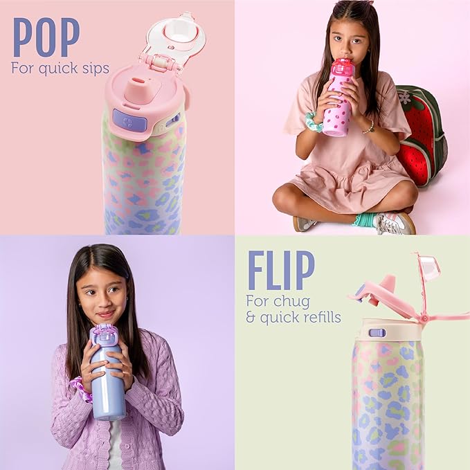 Ello Pop & Fill 18oz Stainless Steel Kids Water Bottle with Quick Fill Lid | Vacuum Insulated BPA Free Bottle with Leak Proof Straw and Chug Lid, Dishwasher Safe, Gift For Kids Teens, Strawberries