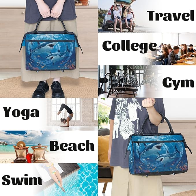 Underwater Shark Travel Duffel Bag, Waterproof Sports Gym Duffle Bag, Large Capacity Weekender Carry On Overnight Bags for Women Men