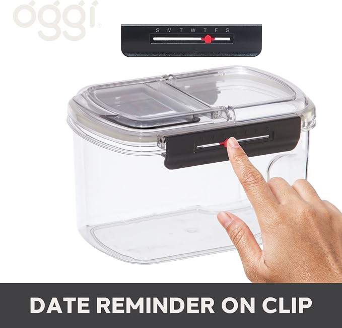 Oggi Easi Grip 60oz Moisture Proof Storage Container, Ultra Clear BPA-Free Sealable Canister, Flip Open Pouring Lid, Date Reminder Slider on Clip, Ideal Cereal Dispenser (60oz / 1.8lt)