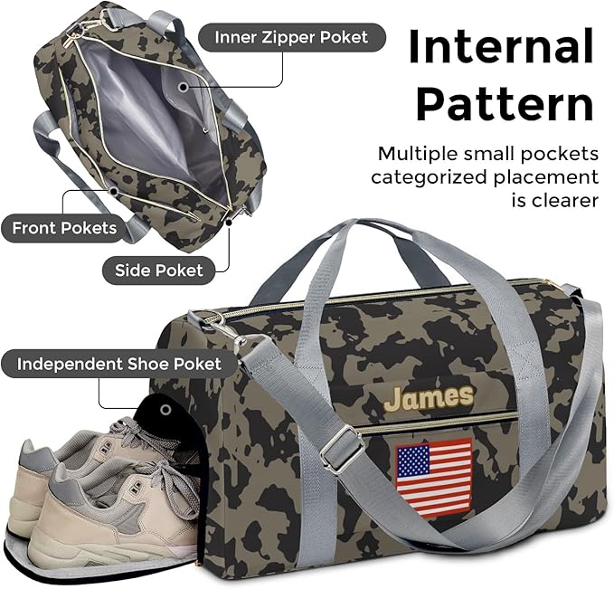 Personalized Tactical Gym Bag For Men，Custom Travel Duffel Bag with Name，Sports Workout Travel Bag with Shoes Compartment-Camouflage flag