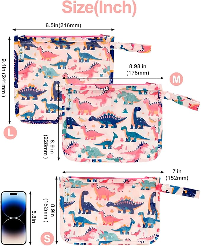babygoal Clear Travel Organizer Bags 3 Pack, TSA Approved Mess-Proof Pouches with Snap Handle, Water-Resistant Toiletry Essentials for Baby & Mom (Dinosaur)