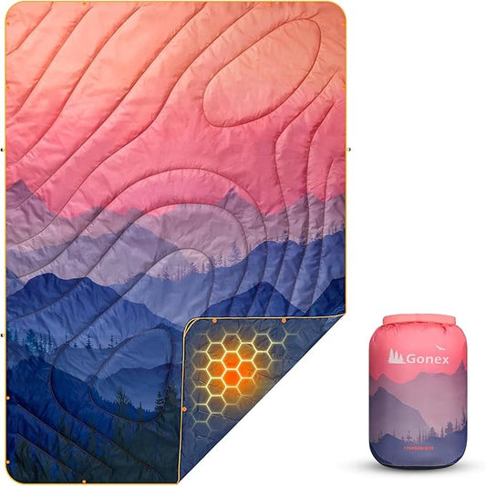 Gonex Camping Blanket with Aero-Warmth Tech Layer, Puffy Printed Packable Blanket Ultralight & Warm Wearable Water-Resistant Quilt for Outdoor, Camping, Hiking, Travel, Picnics 79" X 55"(Sunset)