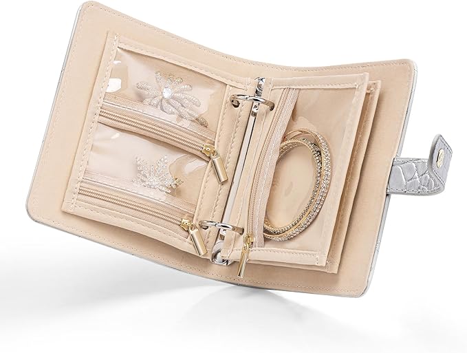 VLANDO Small Jewelry Book Organizer - Leather Travel Jewelry Case with 5 Detachable Pages, Multi Zipped Pockets for Necklaces Rings, Earrings, Tangle-Free, Croco Silver