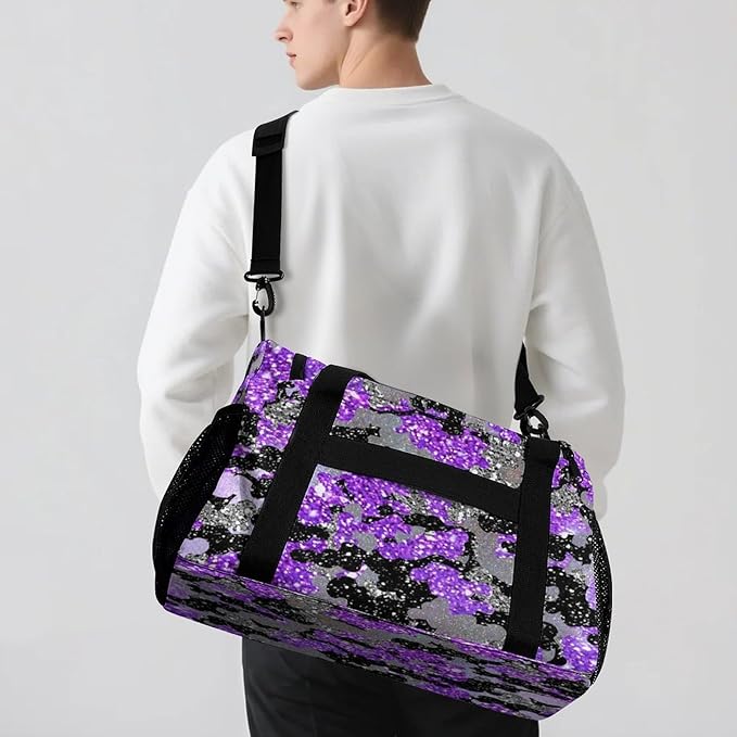 Purple Camo Bling Glitter Print Tote Bag, Customized Duffel Bags Weekender Overnight Bag Travel Bag Personalized Gift Gym Bags Luggage Bag