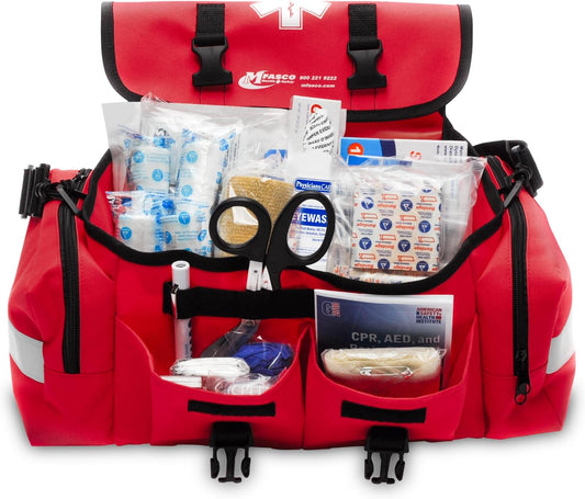 MFASCO First Aid Kit - Fully Stocked Portable Reflective Bag -First Responder Emergency Response Kit -for Natural Disaster Preparedness - Customizable Storage -Includes 415 Pcs First Aid Supplies- Red