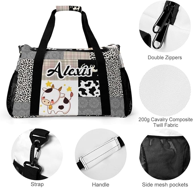 Travel Bag Khaki Gray Plaid Lattice Cow Customized Duffel Bags Weekender Overnight Bag Personalized Gift Adjustable Detachable Shoulder Strap Packs