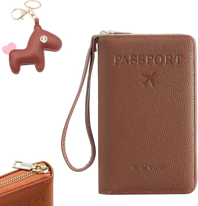 Multi-Functional Passport Holder Cover with Purse Charms,Premium Travel Wallet RFID Blocking Passport Cover Card Case for Holds Phones, Passports, Cash, Cards & Boarding Passes-Brown