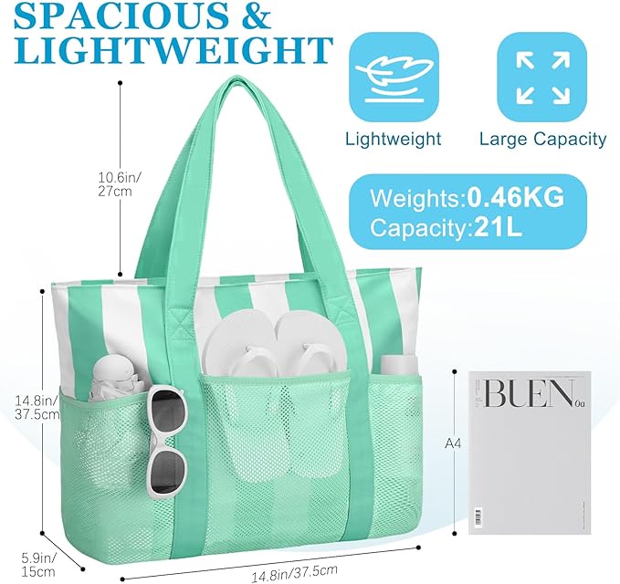 VASCHY Beach Bag for Women, Foldable Waterproof Sandproof Beach Tote with Zipper/Mesh Pockets for Vocation/Cruise/Gym/Travel