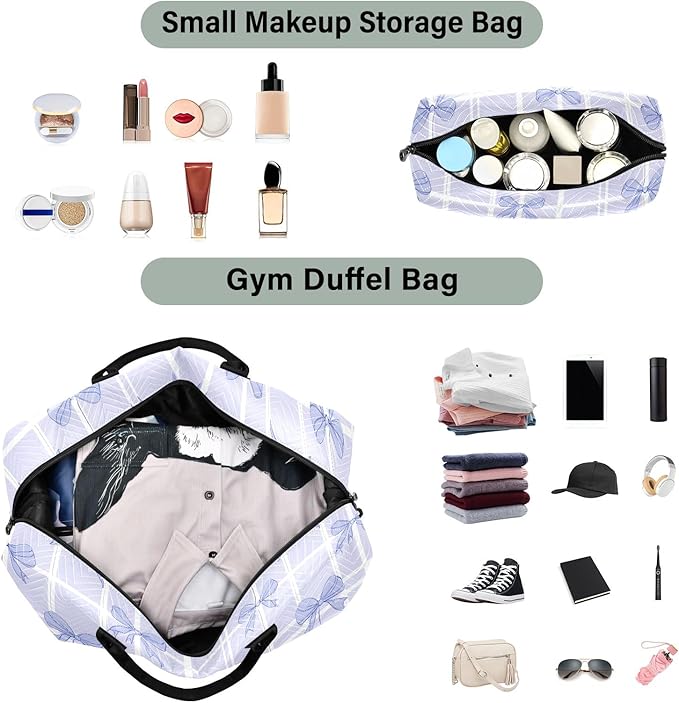 Travel Duffle Bag, Grid Background Purple Bow Pattern Gym Bag with Storage Bag Weekender Overnight Bag for Men Women Trip Sports Yoga