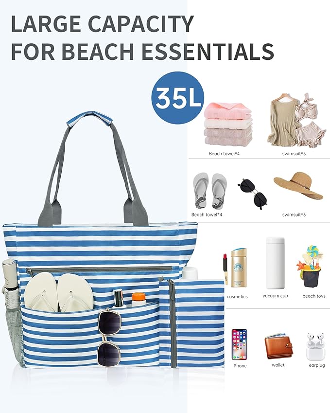 Beach Bag-Waterproof Sandproof Beach Totes with zipper Large Capacity Foldable for Women