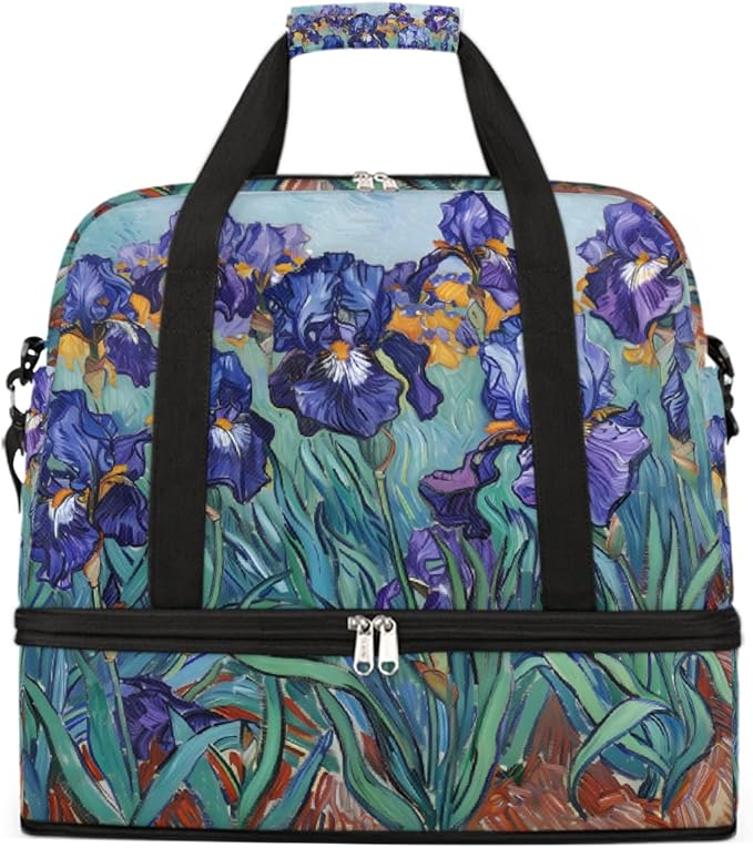 Purple Flowers Green Leaves Large Weekender Bag with Shoe Compartment Travel Duffel Bags for Women Carry On Hospital Overnight Bag Foldable Personal Item Travel Bags Tote Gym Sports Airplanes