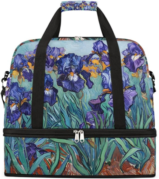 Purple Flowers Green Leaves Large Weekender Bag with Shoe Compartment Travel Duffel Bags for Women Carry On Hospital Overnight Bag Foldable Personal Item Travel Bags Tote Gym Sports Airplanes