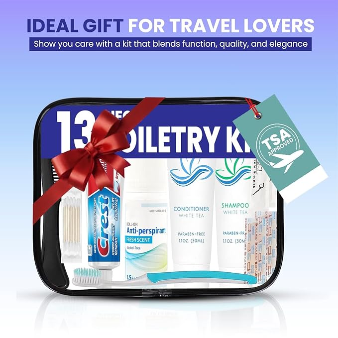 Trektote Travel Toiletry Kit For Men And Women – 13 Piece Set of Travel Size Toiletries, TSA Compliant, Travel Essentials, Includes Shampoo And Conditioner, Body Wash, Oral Care, Toiletry Bag & More