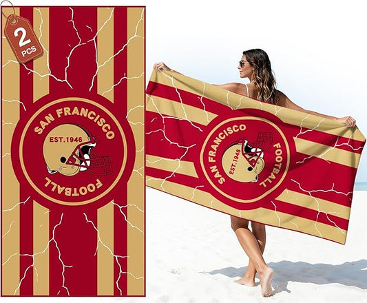 2 Pack Football Fan Thin Lightweight Microfiber Beach Towel San Francisco Themed Sand Free Oversized Quick Dry Towels Men Women Gear 49er Team Dad Husband Guy Him Xmas Father Gag Funny