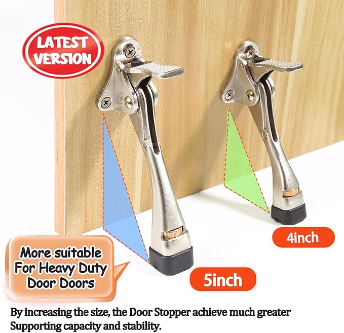 Kickdown Door Stopper 5 Inches - 2 Packs One Touch Adjustable Height Door Stop for The Bottom of Door Aluminum Alloy Metal Door Stopper with Rubber Tip & Wall Protectors for Wide Doors Nickel