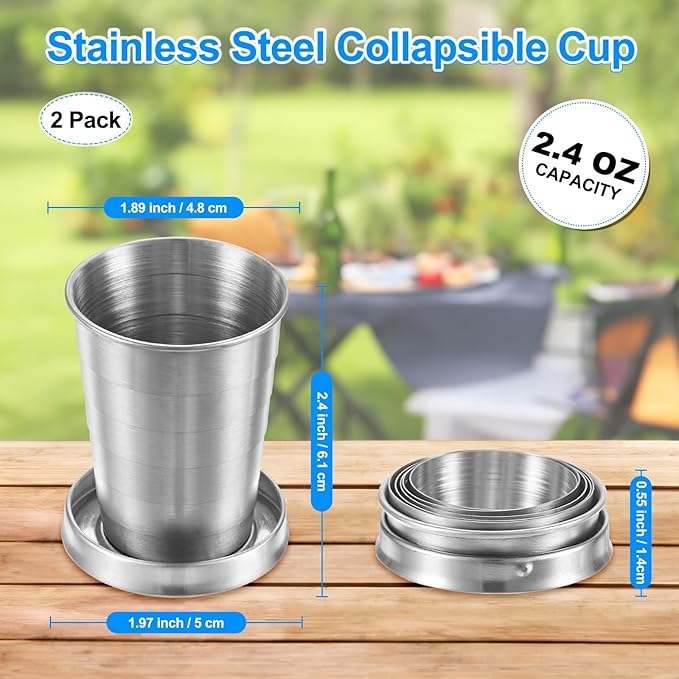 2 Pack Stainless Steel Collapsible Travel Cup, 2.4oz(70ml) Reusable Collapsible Metal Cup Portable Foldable Water Bottle with Lid and Keychain for Travel/Camping/Hiking