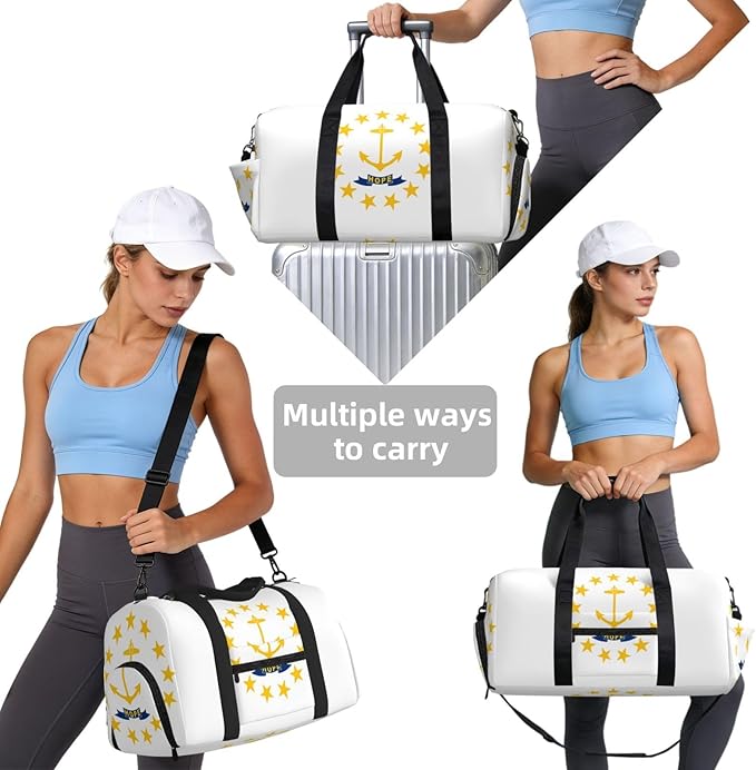 Rhode Island State Flag Print Gym Bag with Shoe Compartment for Women Men, 17.7in Sports Duffle Weekender Tote, Overnight Travel Duffel Bag Carry On
