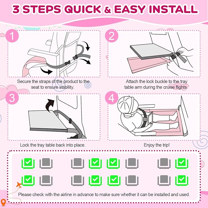 omzer Toddler Airplane Bed - Airplane Seat Extender for Kids - Barrier Designed Flyaway Kids Bed Airplane with Pockets - Portable Plane Bed Foot Rest for Flights Travel Essentials Pink