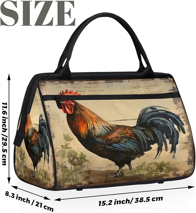 Multipurpose Duffle Bag, Waterproof Carry On Bag with Spacious Design, Retro Rooster Gym Bags, 15.2x8.3x11.6in