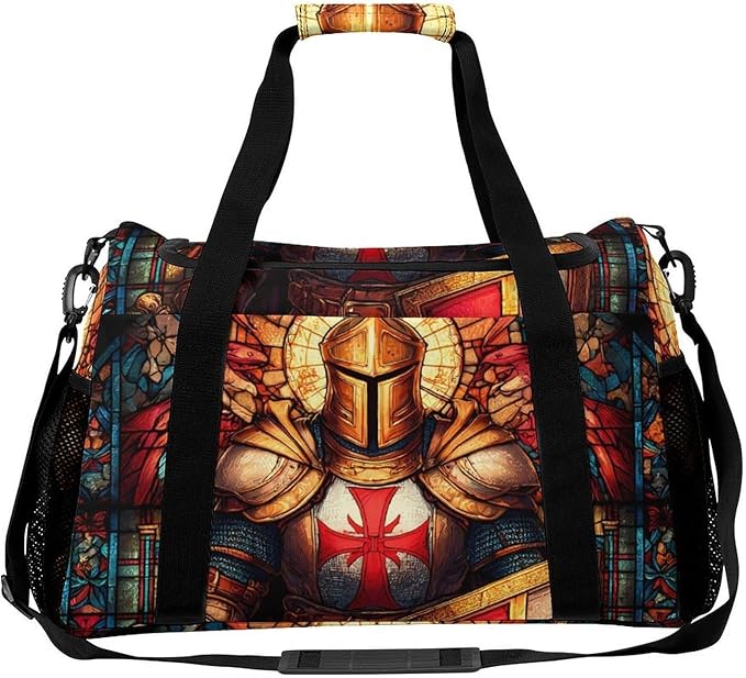 Stained Glass Knights Crusader Duffle Bag Gym Bag for Workout Travel Tote with Detachable Straps