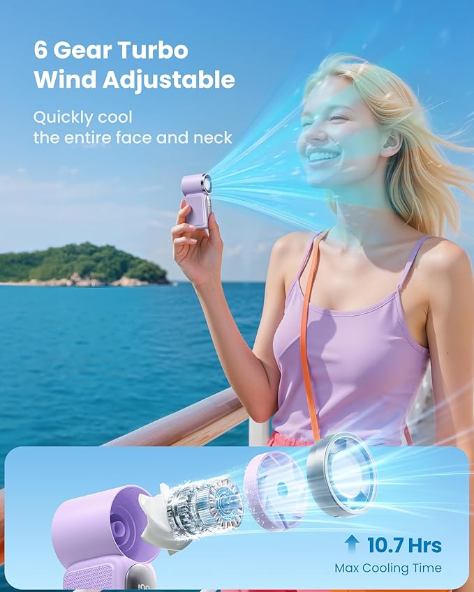 Gaiatop Portable Handheld Mini Fan, 6 Speeds 16900 RPM High Velocity Personal Fan with LED Display, USB Rechargeable, Mini Fan with Lanyard for Makeup, Travel, Outdoor, for Women Girl Gift, Purple