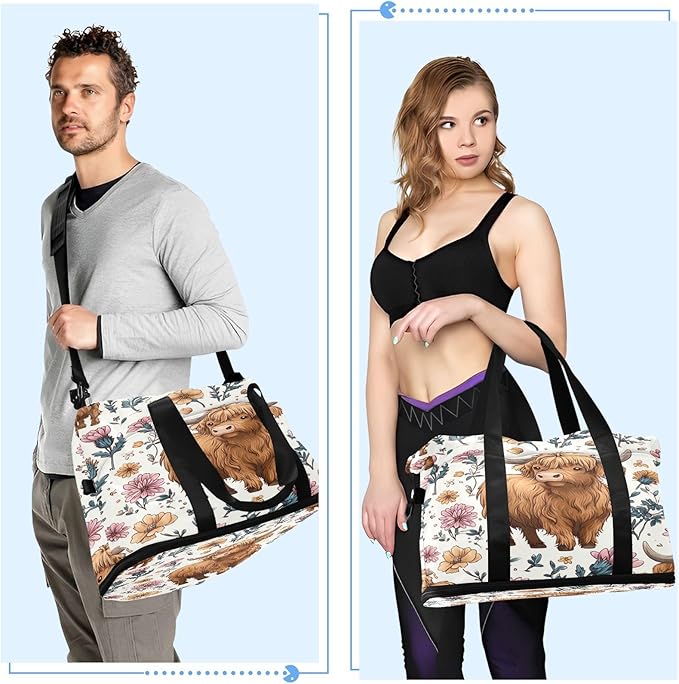 Travel Duffel Bags for Women Highland Cow Floral Print Sports Duffel Bags Gym Bags with Shoes Compartment Tote Bag Weekender Bag for Travelling