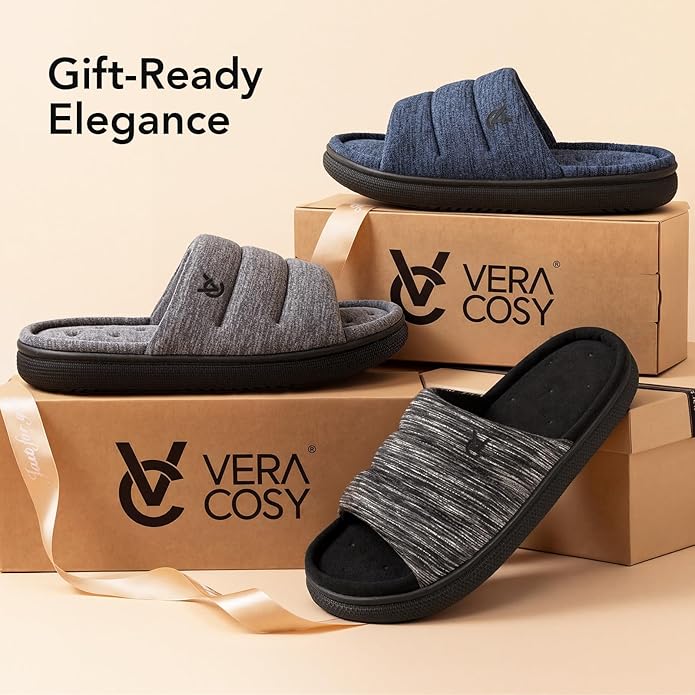 VeraCosy Mens Open-Toe Slippers Memory Foam Indoor Outdoor House Shoes